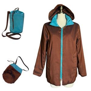 Mycra Pac Reversible Jacket Brown Teal Full Zip Size 1- S/M Hidden Hood Packable